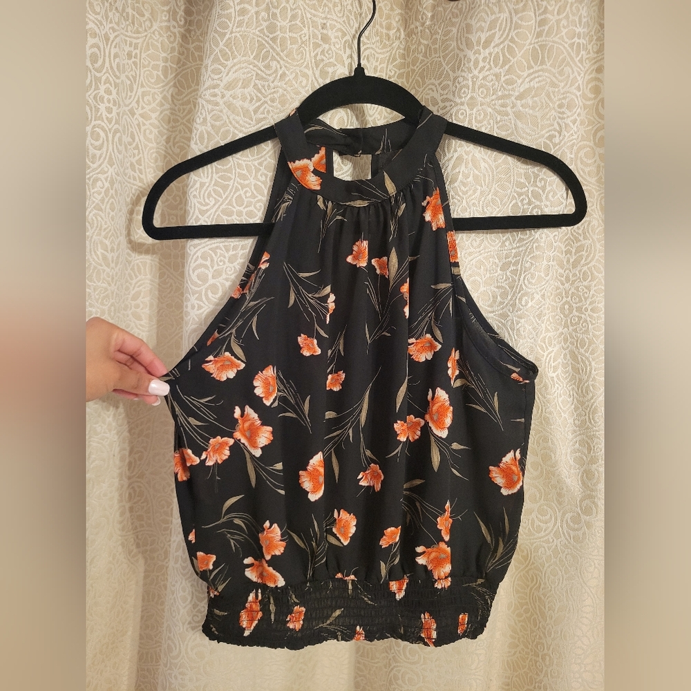Floral Halter Neck Top - Black and Orange